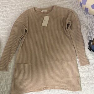 Tan Ribbed Long Sleeve Sweater Dress